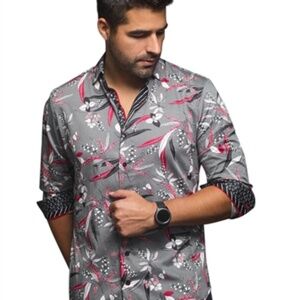 Au Noir men's designer button up shirt sz 6 floral leaves black gray red cotton